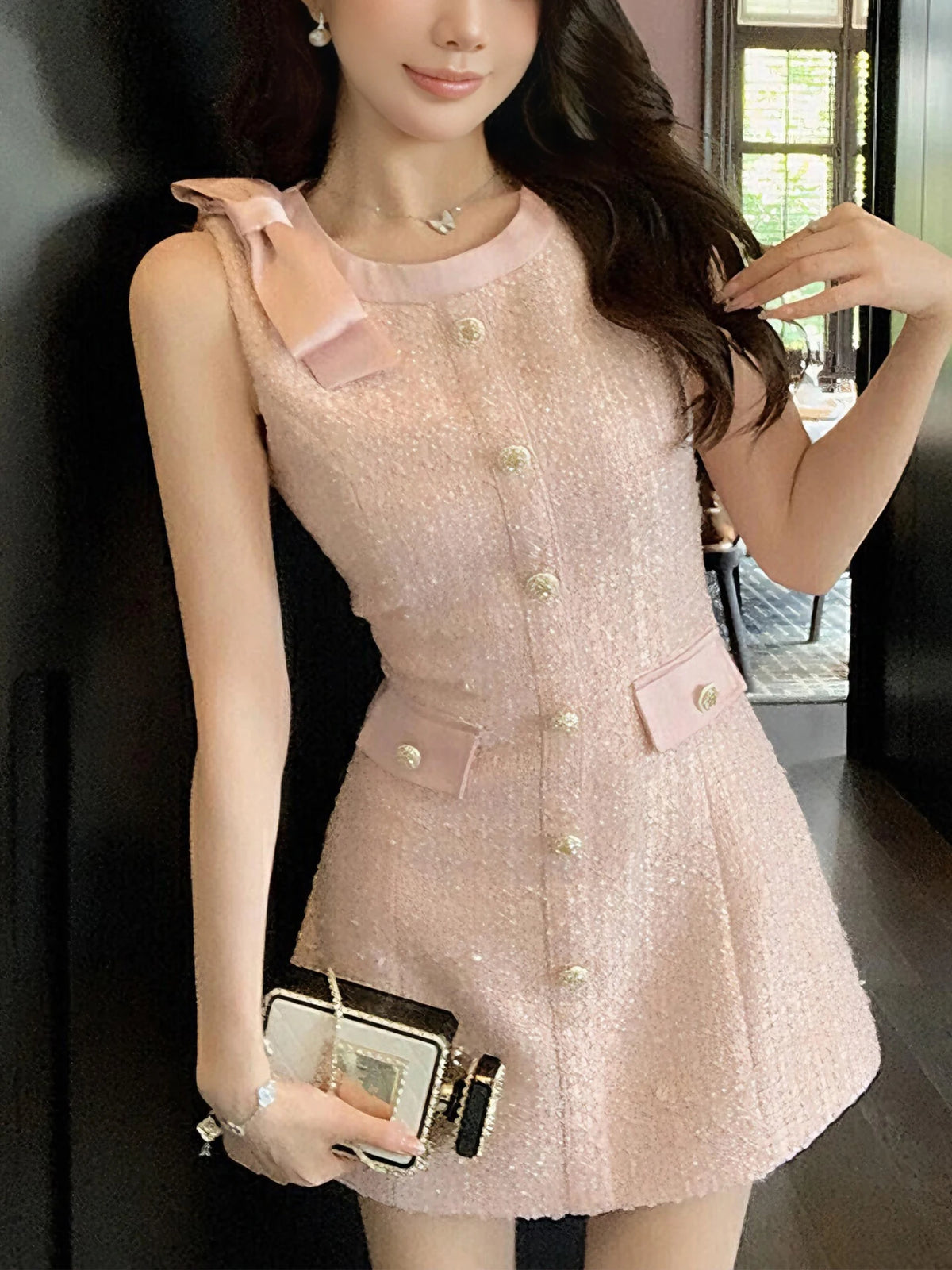 Ele Knot oulder Bared Vest Dr Small Size Luxury High Design Sensation Sle Ladylike Dr