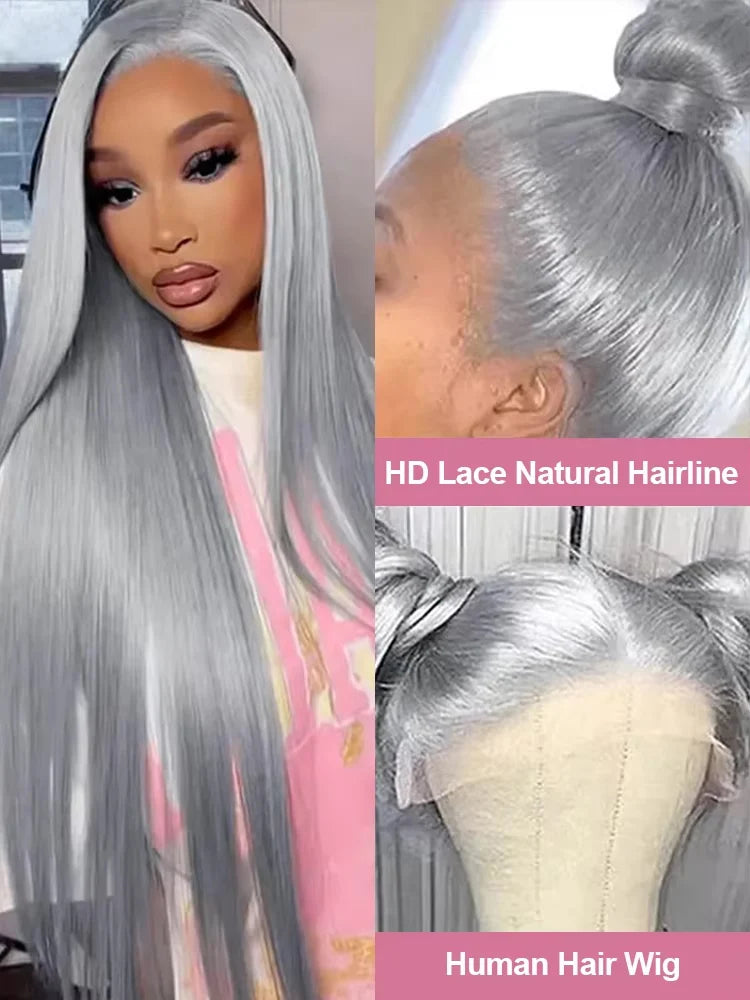40 42 Inch Silver Grey Colored Bone Straight Lace Front Human Hair Wigs Silky Hair HD Transparent 13x6 13x4 Lace Frontal Wigs For Women Brazilian Real Virgin Hair Wigs Pre Plucked 250% Density High Quality