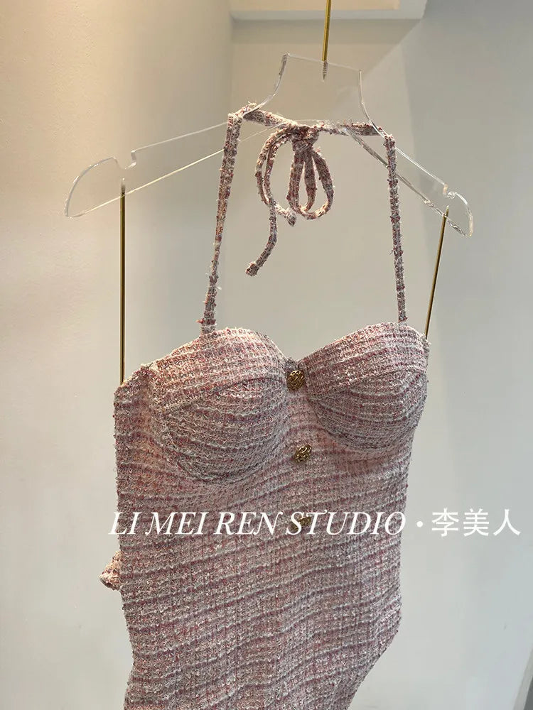 New Rough tweed delicate pink one-piece swimsuit for women
