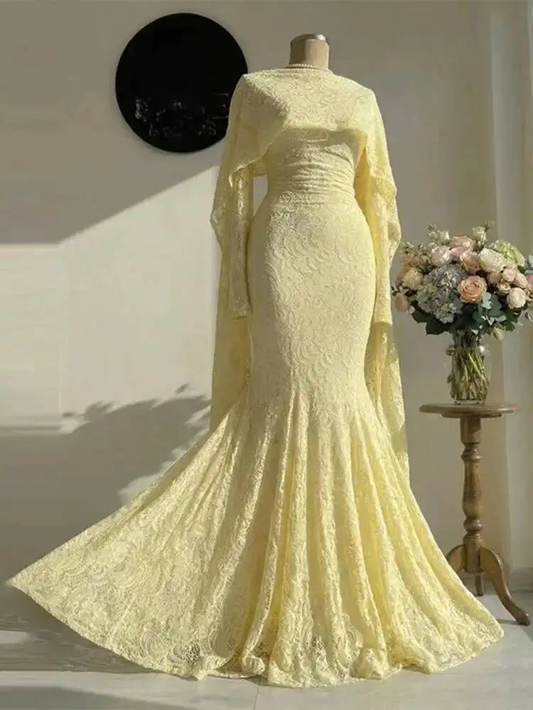 LGRQ 2026 New Elegant Round Neck Long Sleeved Waist Slimming Dress With Lace Shawl Temperament Women's Party Gown 19DB2591
