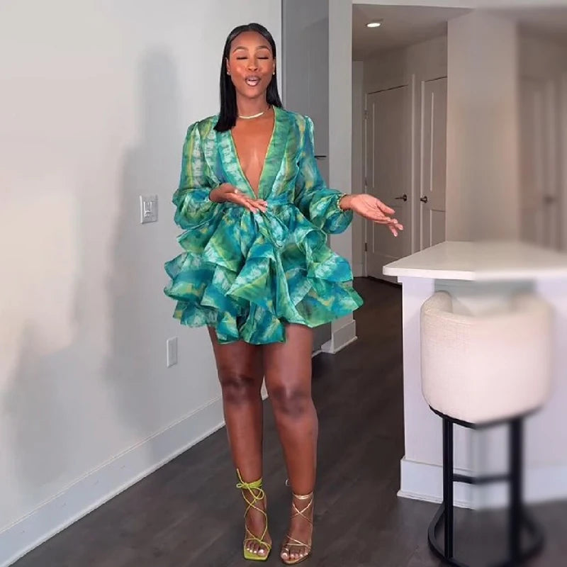 Elegant Sexy Mini Gowns Classic Green Waist Tie Tiered Ruffle Hem Dresses Summer Stylish Women Night Out Party Outfits