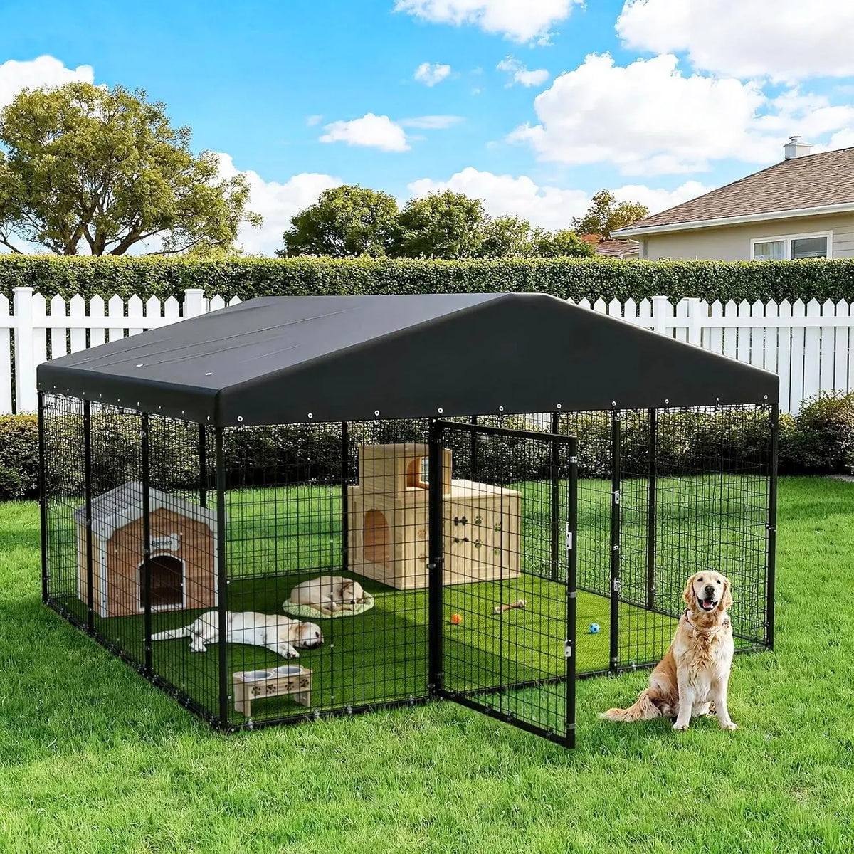 Gotland Dog Kennel Outdoor 10 x10 x6 FT, Dog Cage Outdoor for Medium/Large Dogs with Waterproof Roof Double Secure Locks Ground