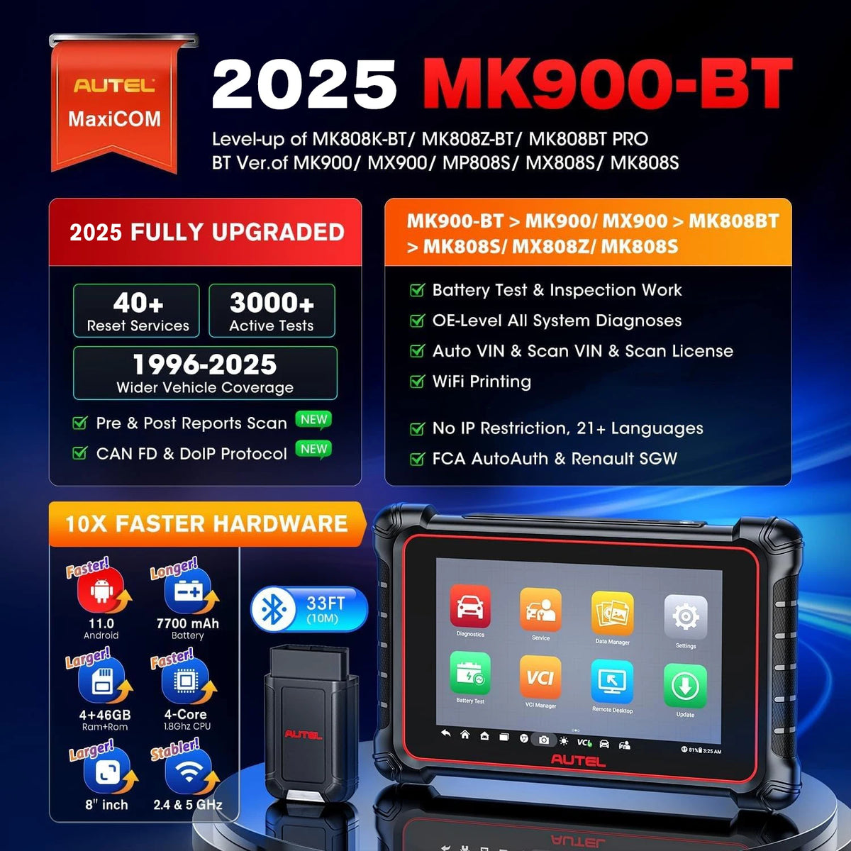 Autel MaxiCOM MK900BT With Bluetooth Car Diagnostic Tools OBD2 Scanner 40+Service Active Test CAN-FD&DOIP Upgrade of MK900
