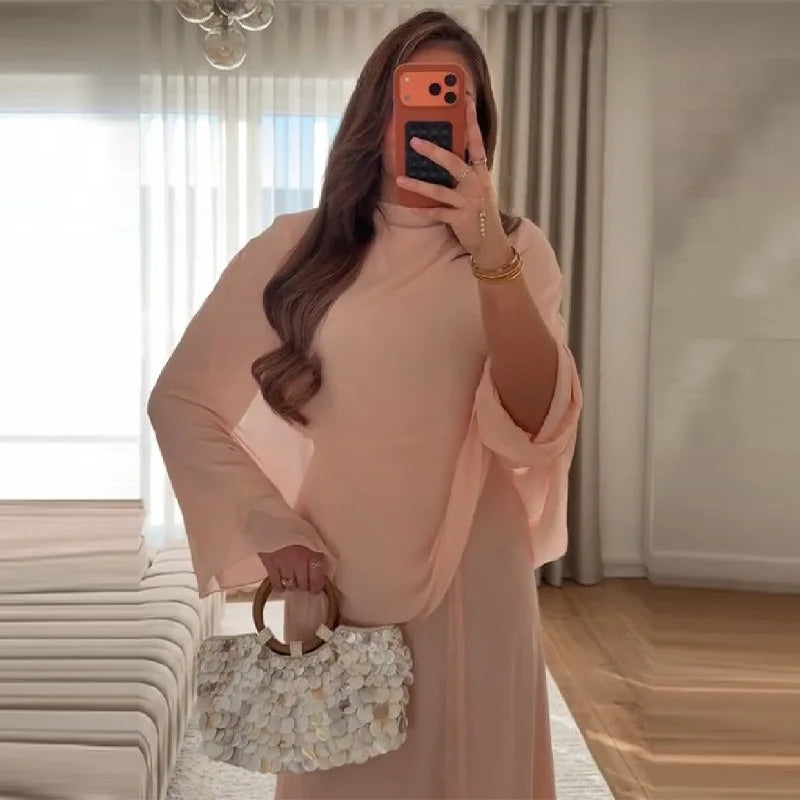 Women's Fashion Pink High Neck Cape Dress Elegant Loose Long Sleeve Flowy Maxi Dress 2026 Spring NEW Lady Evening Party Outfit