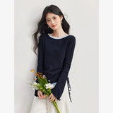 VIMLY Navy Blue T-shirt Women Fake Two-Piece Color Block Long Sleeve T-shirts Elegant Wavy Hem Tie Slim-fit Tops Ladies A7226