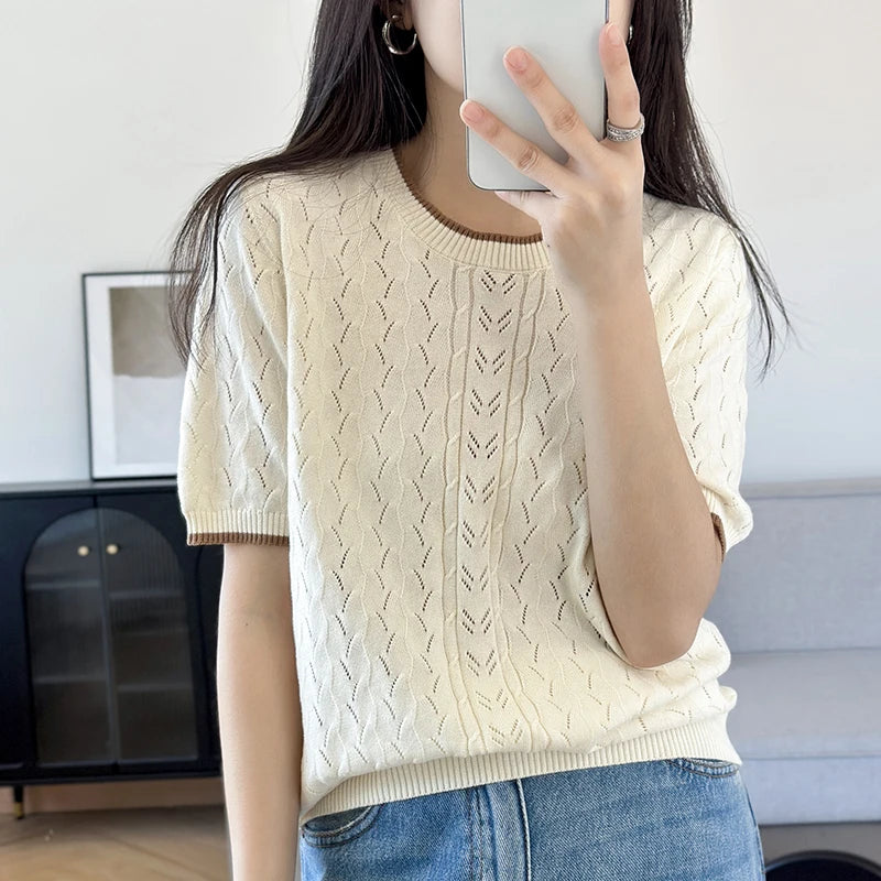 WinvyNee Summer Women‘s T-Shirt 100% Cotton Pullovers Sweaters Top Short Sleeve O neck Solid Knitwears Tops Spring A1002024