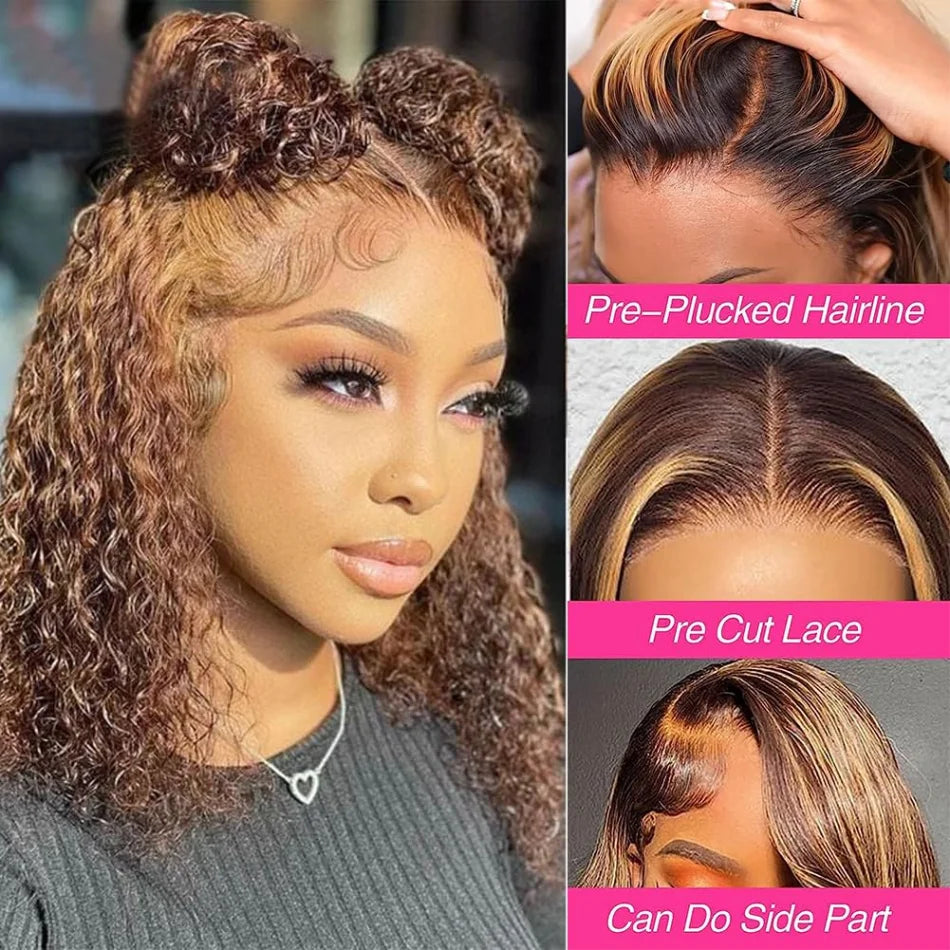 Highlight Ombre Bob Wig Human Hair Curly Short 5X5 Hd Lace Closure Wig