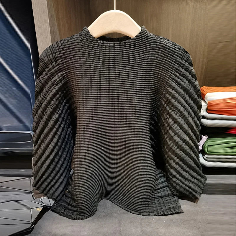 LANMREM Irregular Pleated Texture Womens's T-Shirt Chic New Elegant Versatile Loose Round Neck Solid Color Pullover Tops 2DB6501