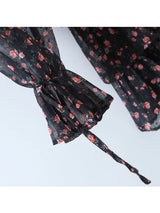 E 2022 Fashion Women Vintage Floral Print Chiffon Dress Sexy Semi-Sheer Long Sleeve Layered Ruffle Ladies Short Dress