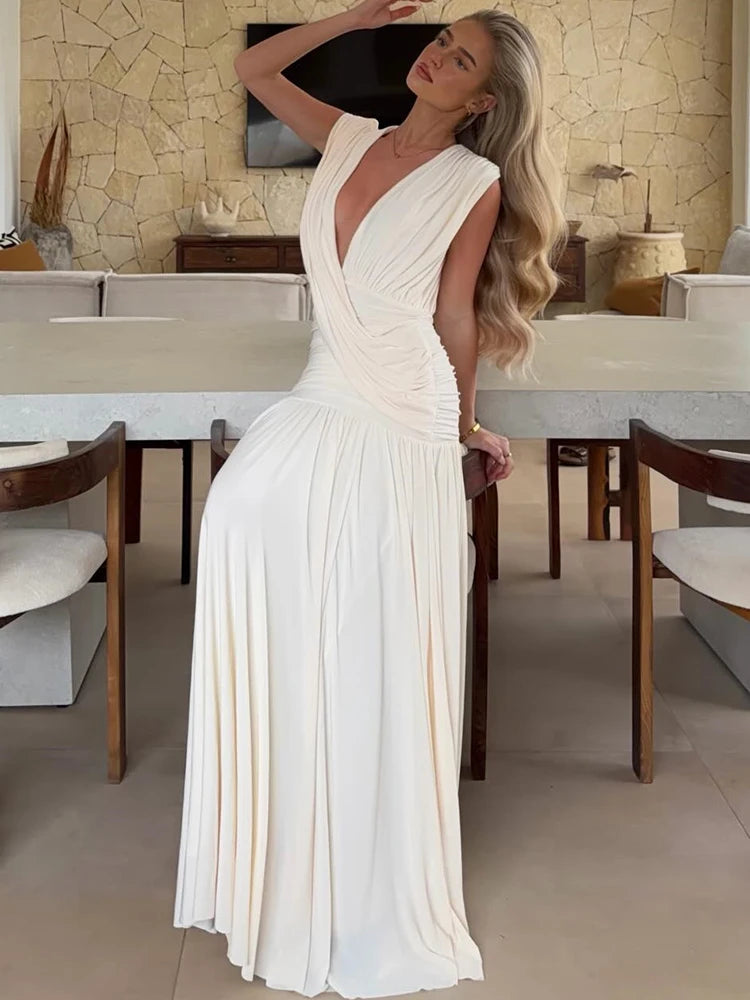 Mozision Elegant Deep V Neck Sexy Maxi Dress Women Fashion Sleeveless Draped Ruched Waist Bodycon Club Party Long Dresses Female