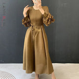 LANMREM Tie Flower Lantern Sleeve Pleated Women's Dress 2026 Spring New Lace Up Waist Design Round Collar Elastic Cloth 2DB6619