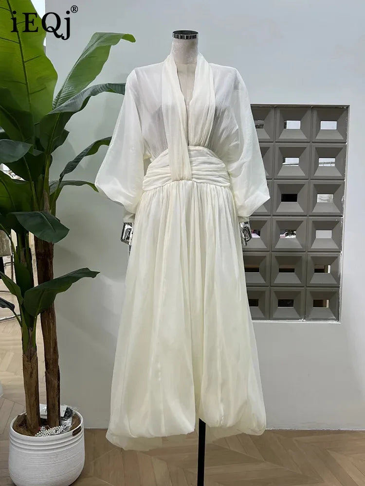 IEQJ Fashion Beige Dress Women's Deep V-neck Loose Lantern Sleeves High Wiast A-line Dresses Autumn New 3A433
