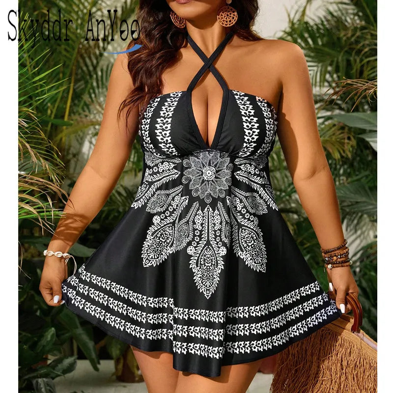 Printed Vintage Two Piece Women's Swimsuit Plus Size Tankini Swimwear Bandage Sexy Beach Tunic Swimdress Bathing suit