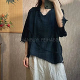 2026 New Arrival Summer Arts Style Women Batwing Sleeve Vintage Loose Tops Tees Patchwork Design Cotton Linen Plaid T-shirt F69