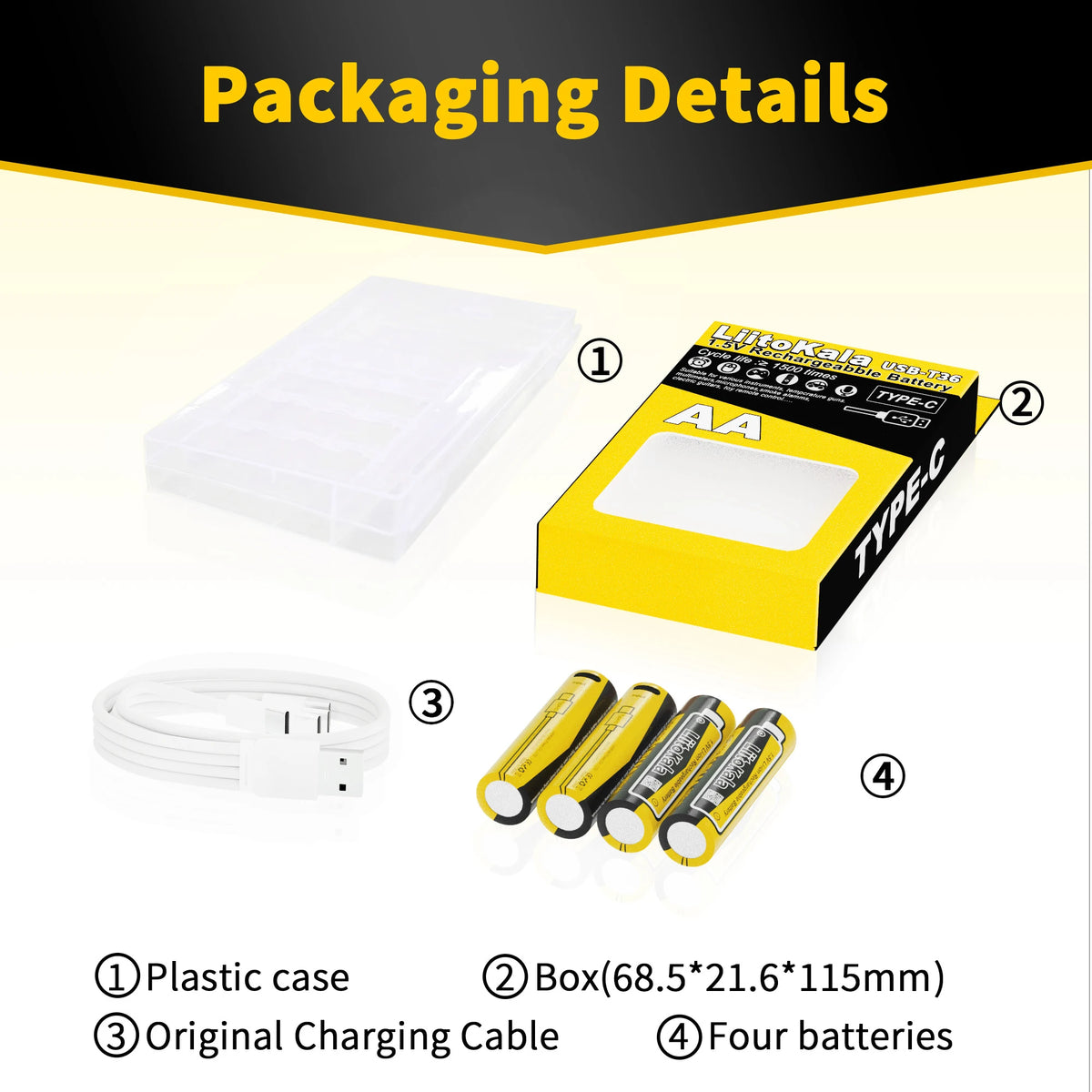 Liitokala USB-T36 1.5V AA 3600mWh Li-Ion Rechargeable Battery 1200 Cycle Type-C AA 2400mAh Battery with 4-in-1 USB Cable
