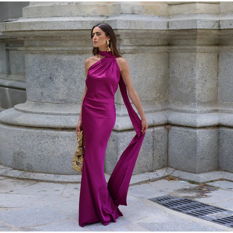Sexy Satin Ribbon Party Dress Women Elegant Halter Backless Off Shoulder Sleeveless Female Dresses 2026 Summer Solid Robe Gown