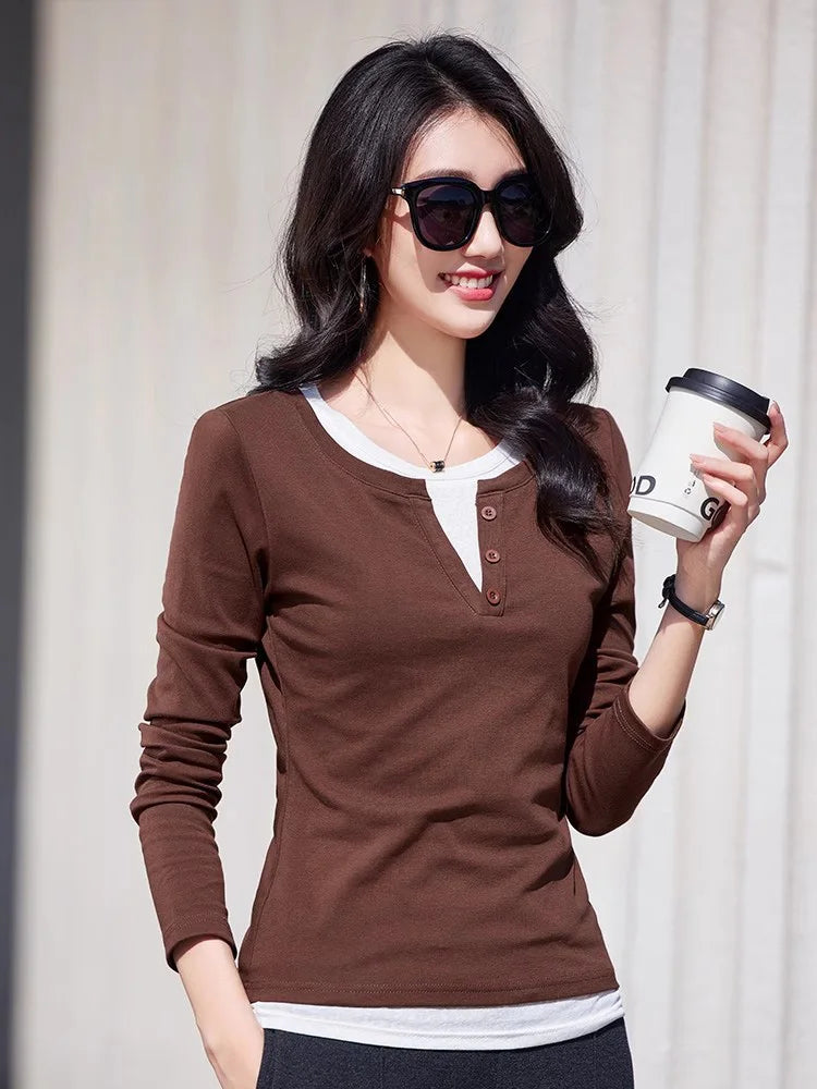 New Women Spring Summer Contrast Color T-shirt Fashion O-Neck Long Sleeve Patchwork T-shirt Casual Simplicity Slim T-shirt