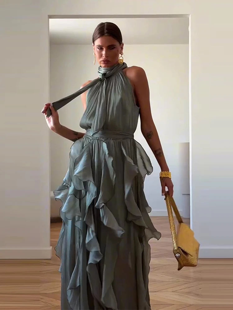 Sexy Cascading Ruffle Pleated Women's Long Dress Fashion Lace Up Sleeveless Empire Female Dresses 2026 Spring Summer Lady Robe