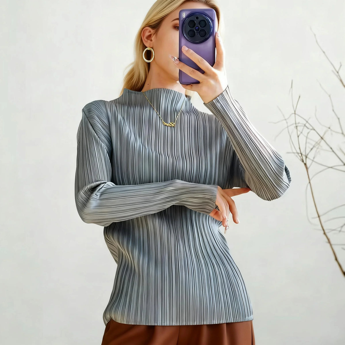 Miyake Style Simple Solid Color Bottoming T-Shirt Women's Long Sleeve High Elasticity Slim Fit Versatile Solid Color Pleated Top