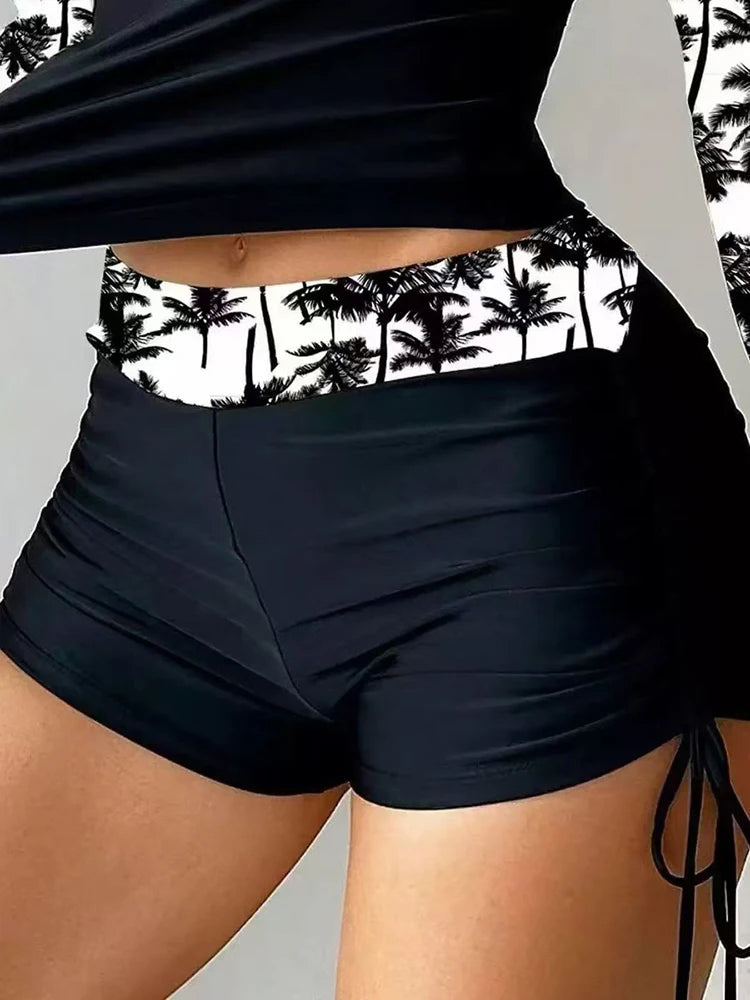 Circyy Bikini Set Women Printed Long Sleeve Spliced Bathing Suit High Waisted Drawstring Beach Shorts Swimwear 2026 Summer New