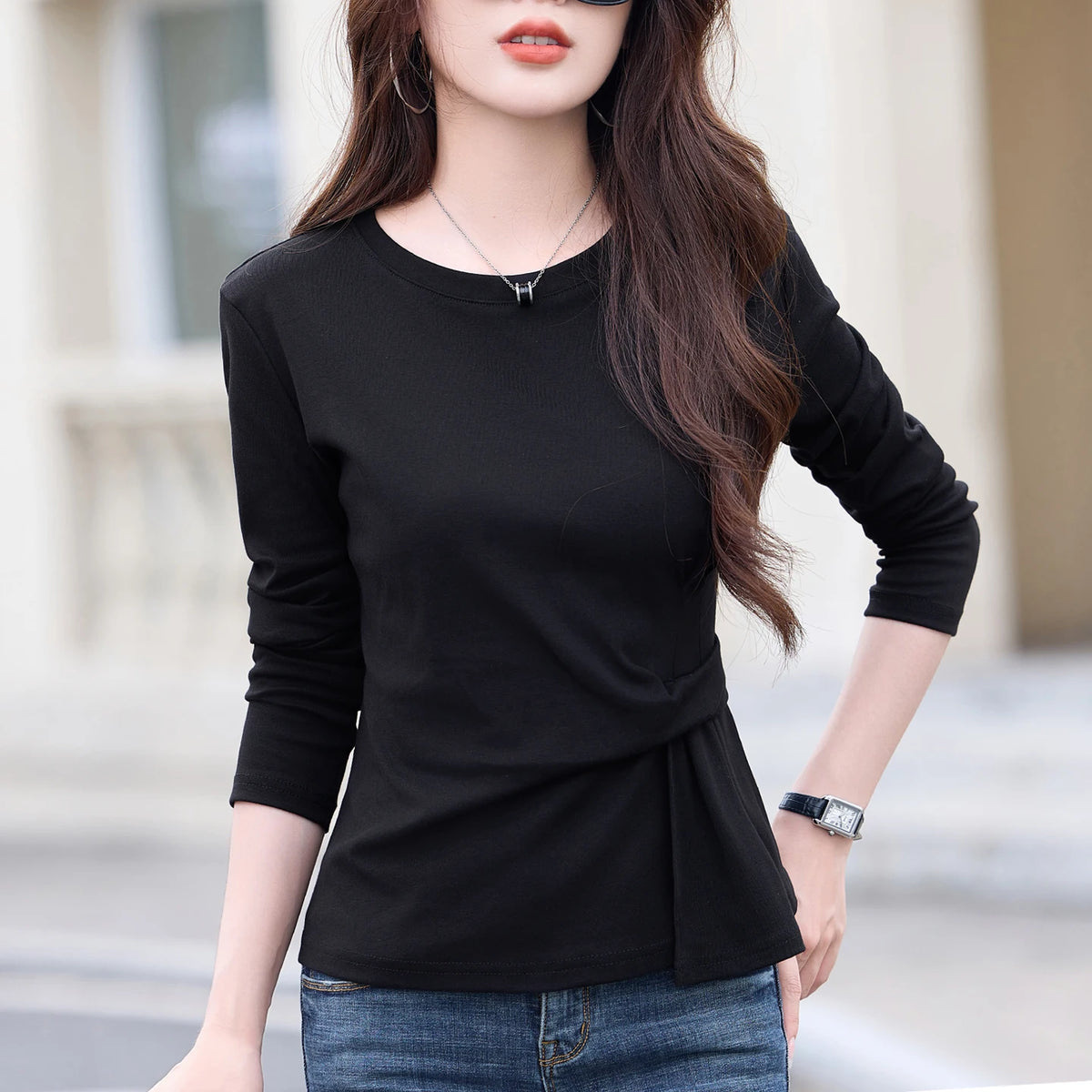 Korean Coffee Long Sleeved T-Shirt for Women's Autumn New High-End Cotton Fashion Plus Size Round Neck Loose Casual Top