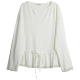 OLrain Women's White T-shirt Elegant Spliced Lace O-neck Tops Spring 2026 French Draw String Waist Cotton Woman Tees O58CT002602