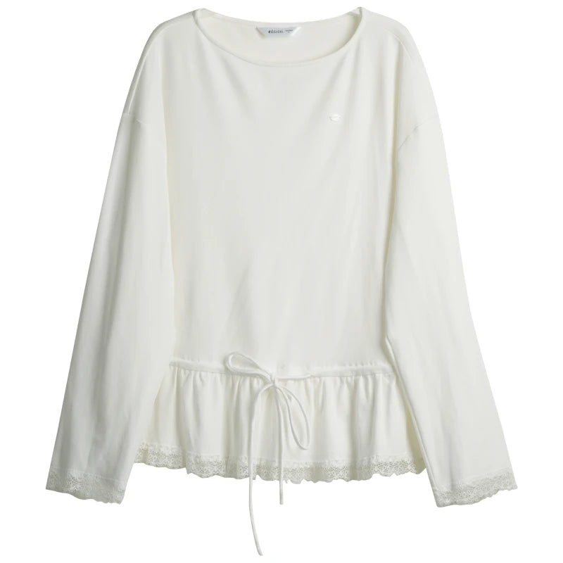 OLrain Women's White T-shirt Elegant Spliced Lace O-neck Tops Spring 2026 French Draw String Waist Cotton Woman Tees O58CT002602