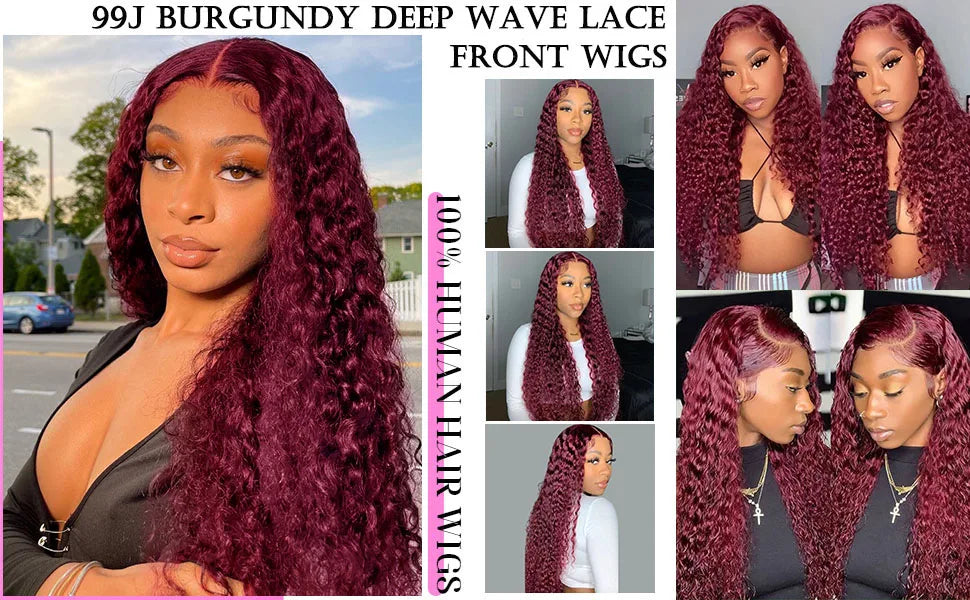 30 40 Inch Burgundy 99j Deep Wave Frontal Wig Colored Curly Human Hair