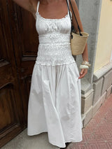 Bornladies New 2026 Summer White Ruched Long Dresses Women's Spaghetti Strap Cotton Slim Fitted Waist Dress