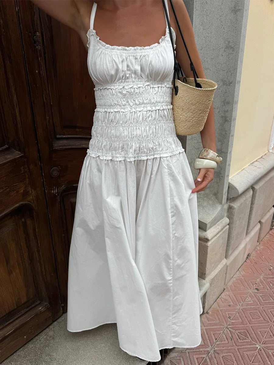 Bornladies New 2026 Summer White Ruched Long Dresses Women's Spaghetti Strap Cotton Slim Fitted Waist Dress