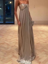 Women Solid Strapless Maxi Dress Sexy Sleeveless Off-shoulder Backless Loose Pleated Long Gowns 2025 Lady Evening Party Dresses