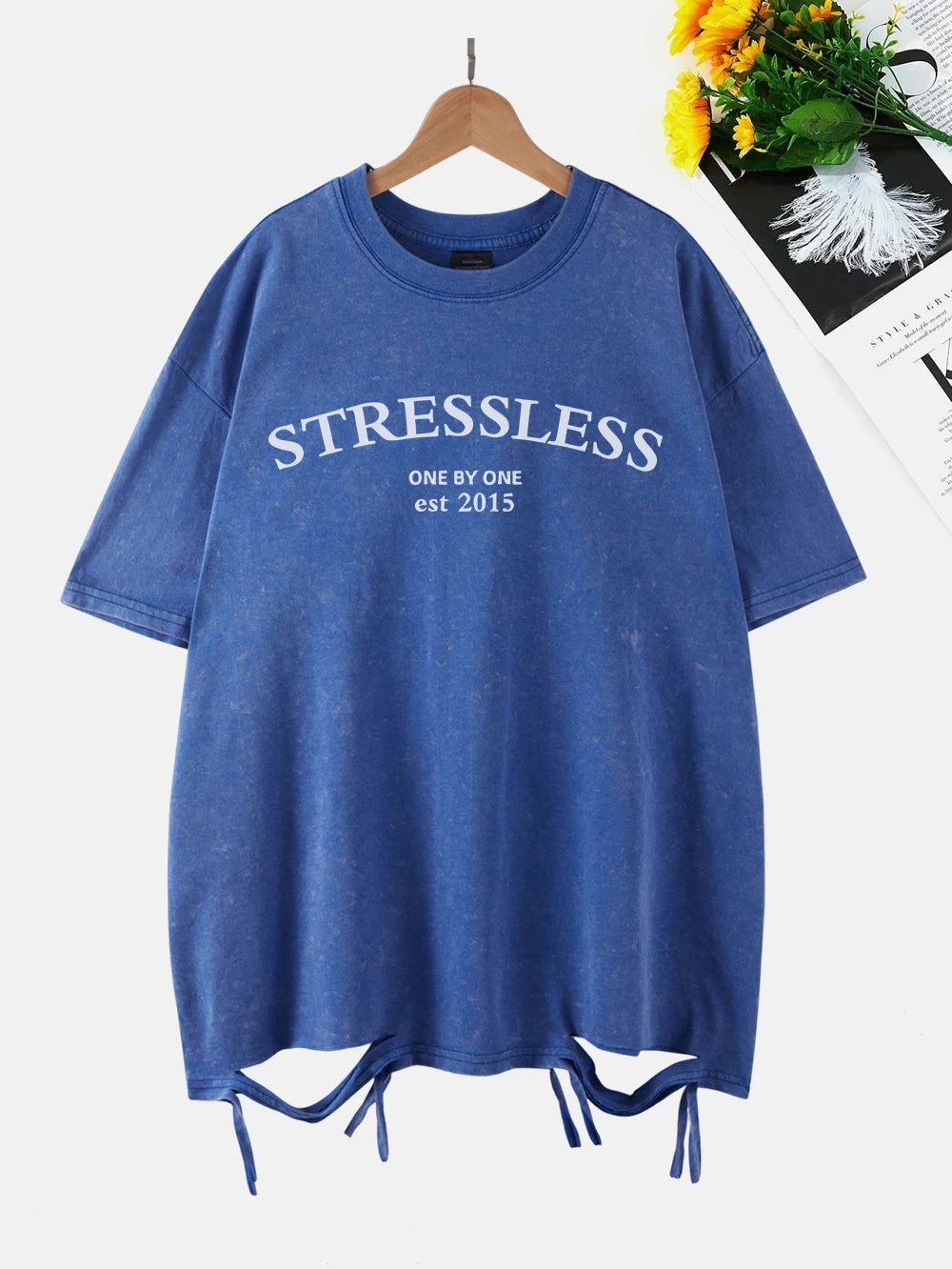 Stressless Letter Printing Washed T-Shirt Women Cottont Shirts O-Neck Oversized Acid Wash Short Sleeve Tops Casual Woman Clothes