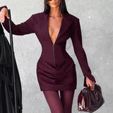 2025 Fashion Solid Color Mini Dress Autumn Winter Sexy Deep V Waist A-line Dress Women Elegant Temperament Pleated Evening Dress