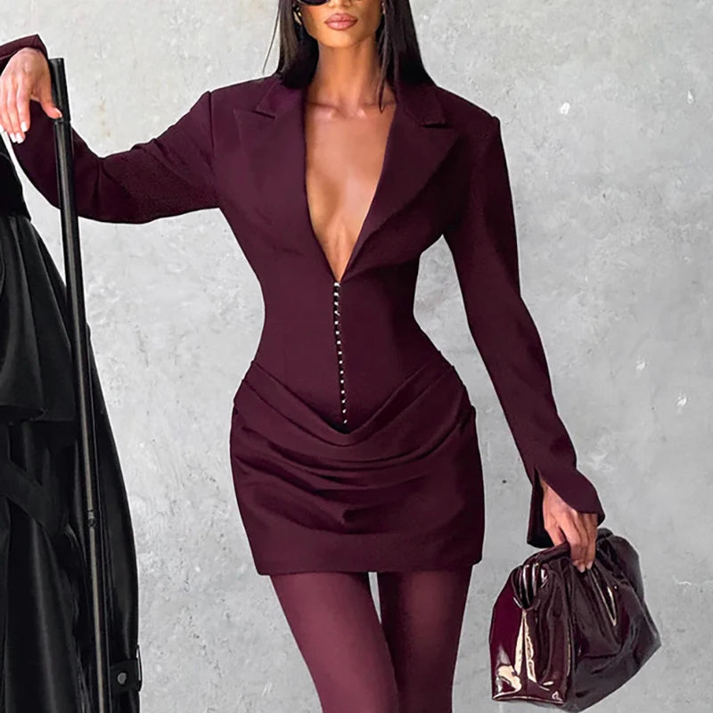 2025 Fashion Solid Color Mini Dress Autumn Winter Sexy Deep V Waist A-line Dress Women Elegant Temperament Pleated Evening Dress