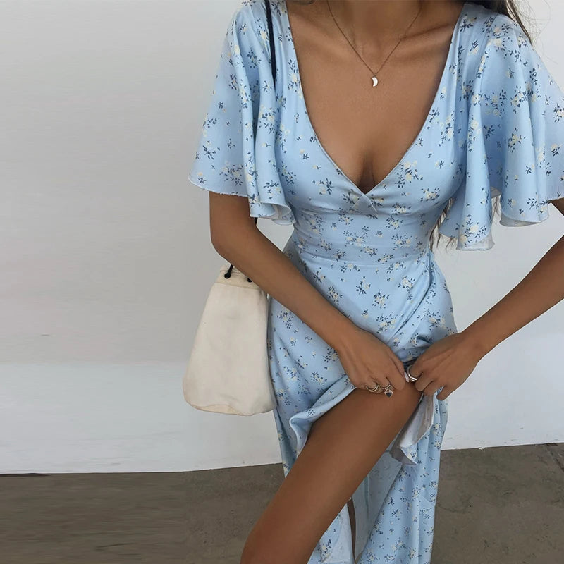 Floral Print 2026 Summer Lady Sexy V-neck Ruffles Short Flare Sleeve Split Midi Dresses Women's Slim High Waisted Party Vestidos