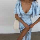 Floral Print 2026 Summer Lady Sexy V-neck Ruffles Short Flare Sleeve Split Midi Dresses Women's Slim High Waisted Party Vestidos