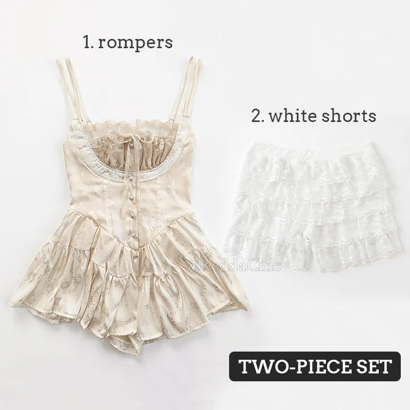 REDDACHiC Medieval Retro Satin Mini Dress & Lace Shorts Coquette Floral Corset Camisole Rompers Date Party Summer Women Clothes