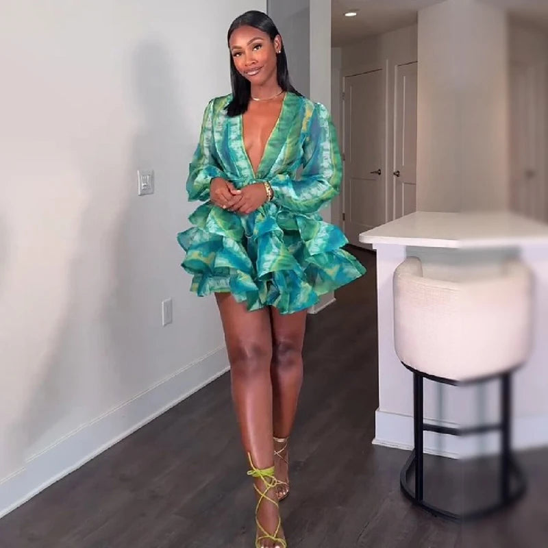 Elegant Sexy Mini Gowns Classic Green Waist Tie Tiered Ruffle Hem Dresses Summer Stylish Women Night Out Party Outfits