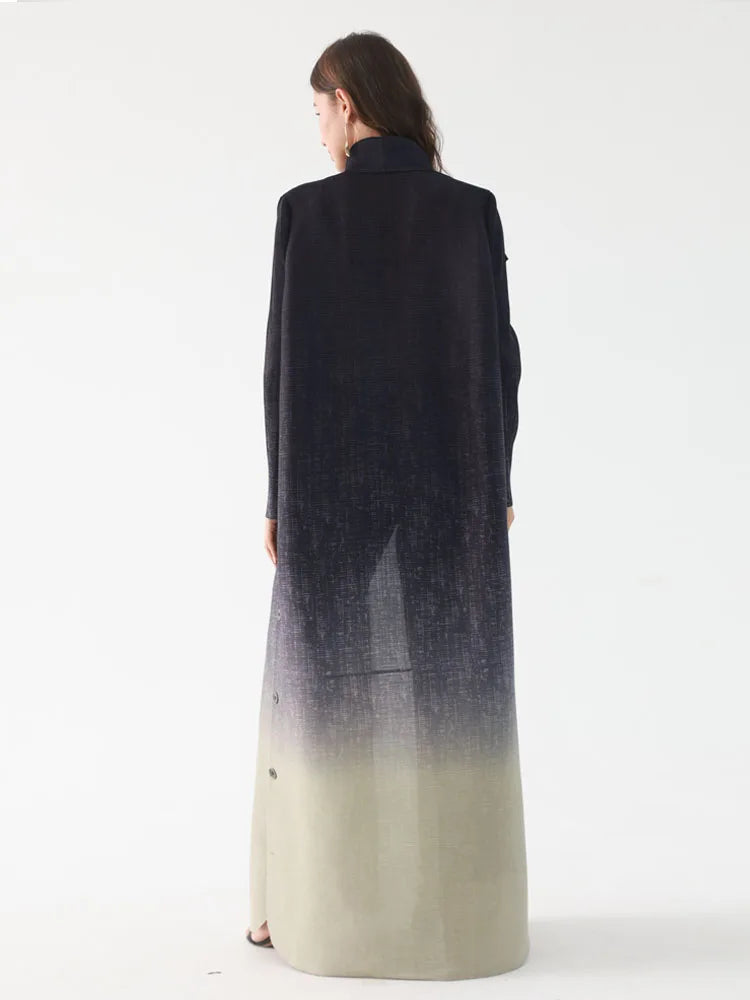 Miyake Pleated Turndown Collar Double Breasted Button Long Sleeve Cardigan Dress Women 2025 New Abaya Original Designer Clothes