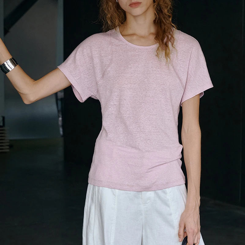 Chic Women's 100% Linen Round Neck T-Shirt Slim Designer Original Natural Short Sleeved Tee Tops