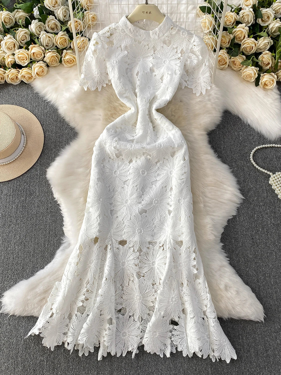 Ele Hollow out Lace Stand Collar Dr Women's Summer Faionable Fi Tail Gown Svel High Waist A-Line Skirt