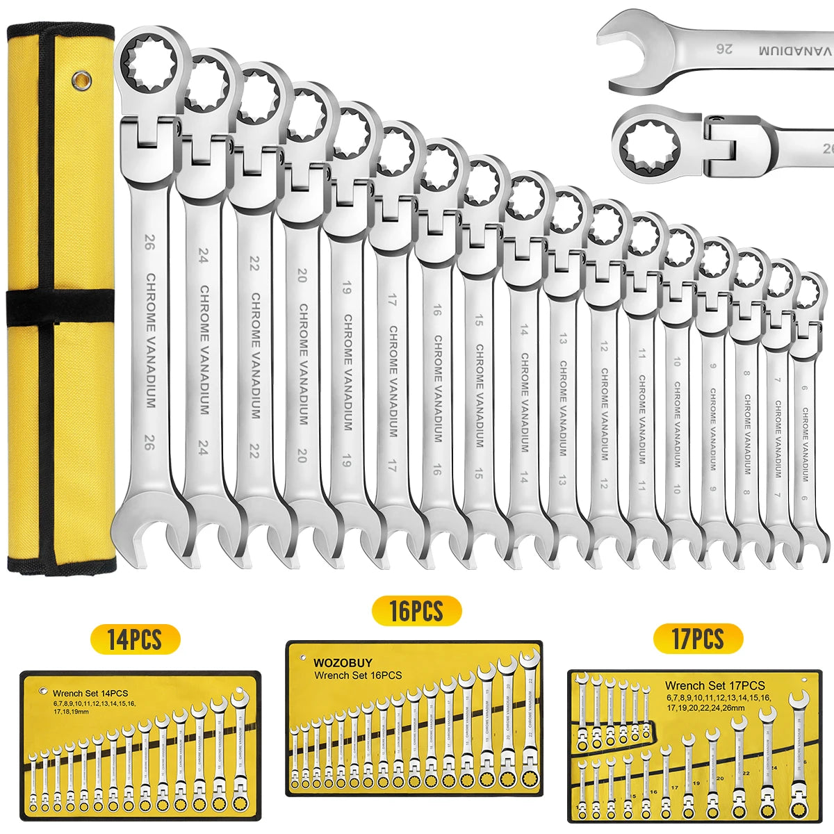 12/14/16/17pcs Flex-Head Ratchet Wrench Set, 6-26mm, 72 Teeth, Cr-V Constructed Combination Ended Span Kit with With Rolling Pou