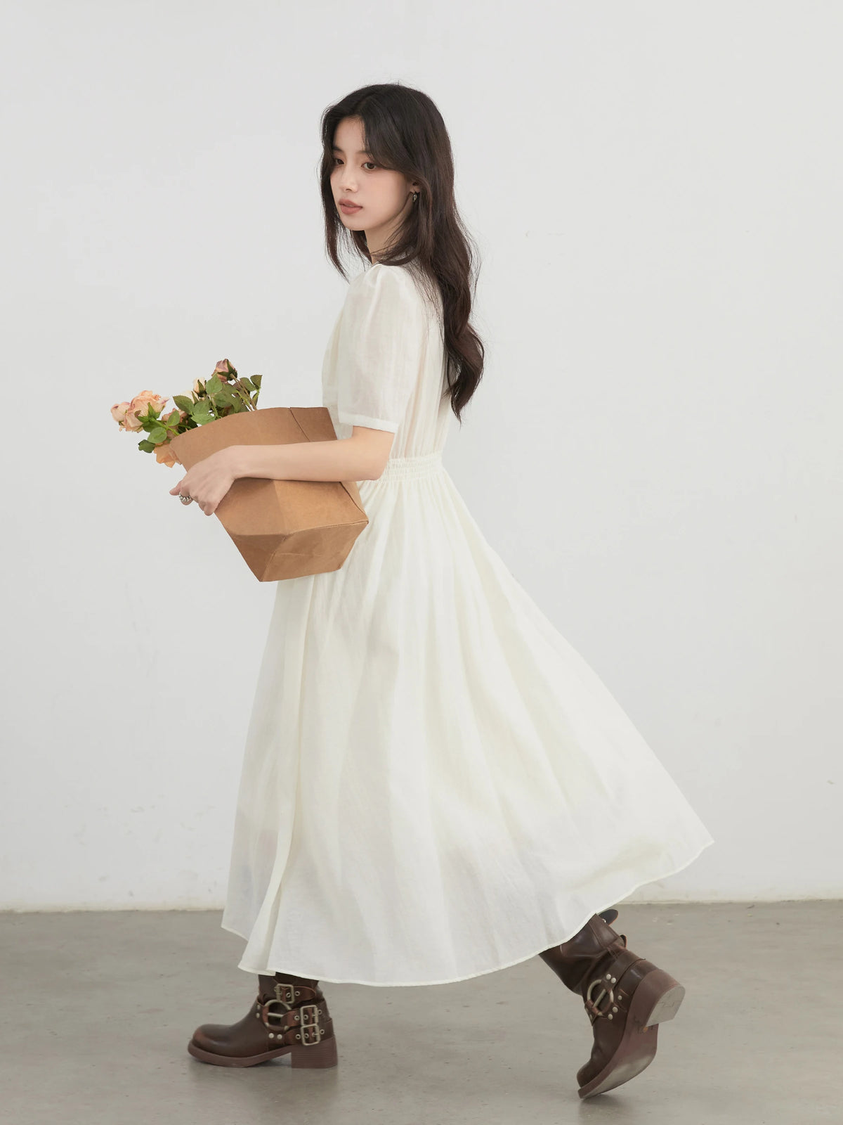 CHIC VEN Korean Women Dresses Solid Loose Casual New V-neck A Line Short Bubble Sleeves Female Long Dress Spring Summer 2025