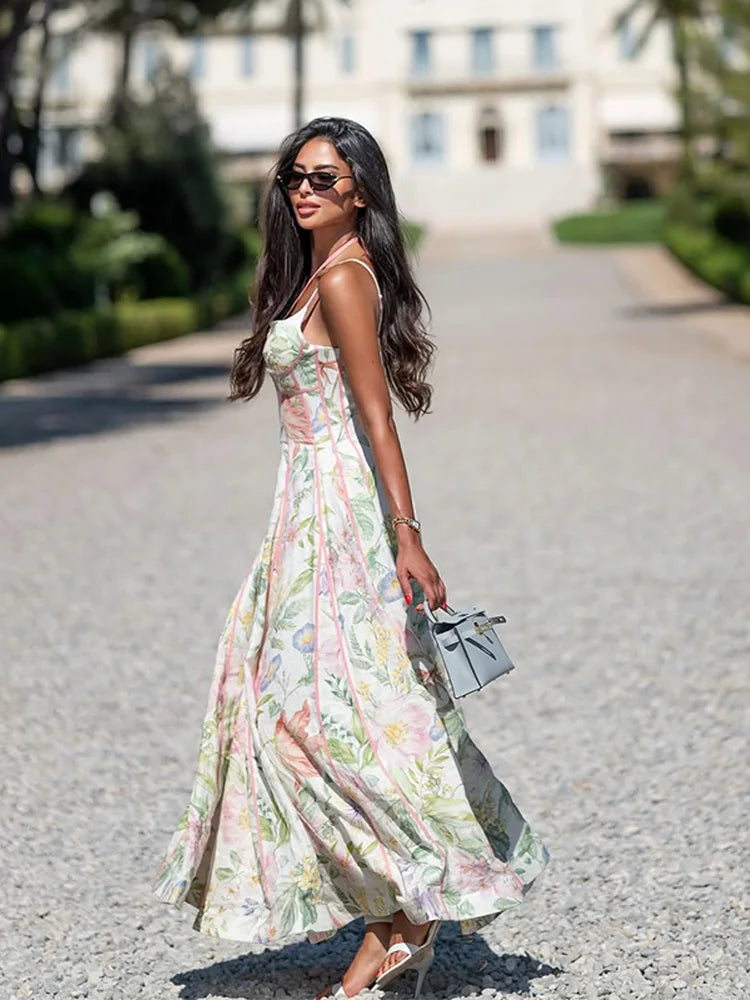 Floral Print Women 's Maxi Dress Spaghetti Strap Corset A Line Long Dresses Female 2026 Summer Fashion Vacation Woman Vestidos