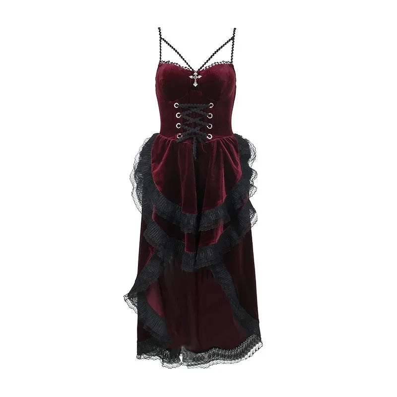 Gothic Low Swing Cocktail Party Dress Women's Vintage Goth Lace Smocked Elastic Waist Pleated Flowy Bodycon Dresses