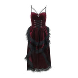 Gothic Low Swing Cocktail Party Dress Women's Vintage Goth Lace Smocked Elastic Waist Pleated Flowy Bodycon Dresses