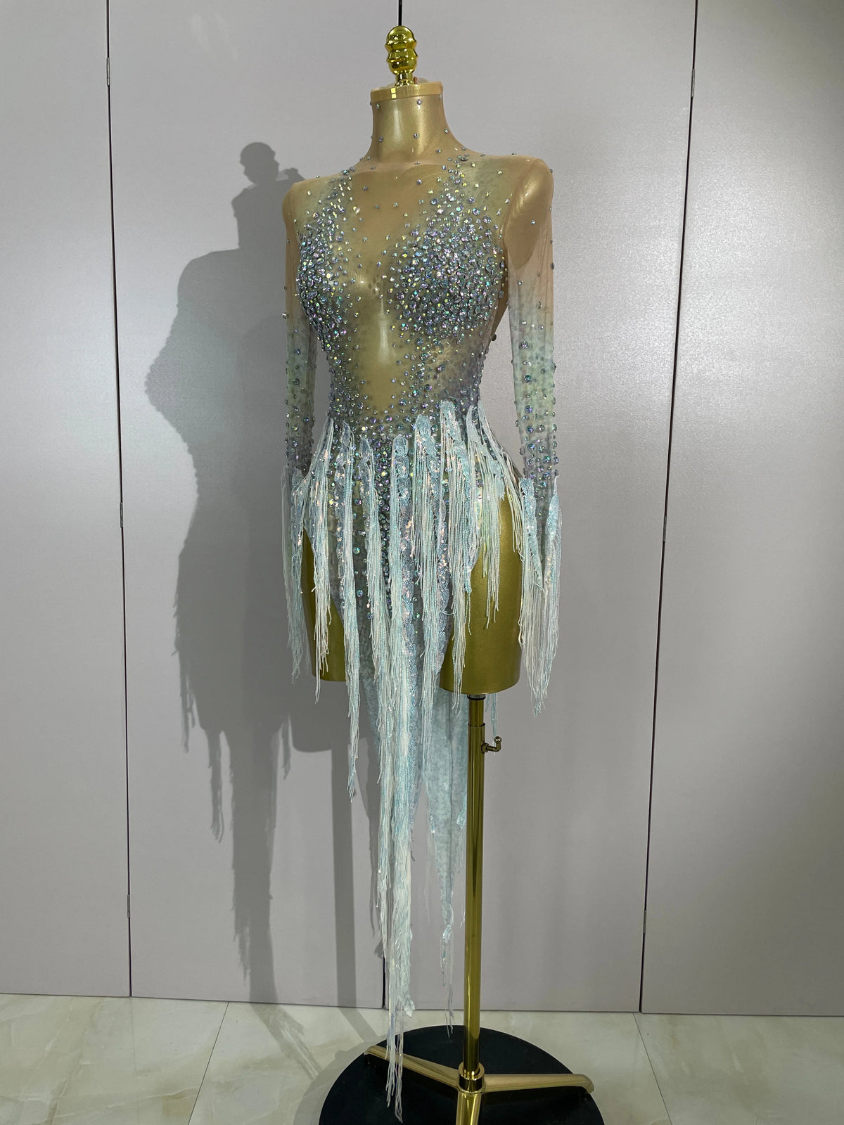 Sexy Mesh See Through Sparkly Rhinestone Tassel Long Sleeves Mini Dress 2026 Women Latin Dance Nightclub Party Club Stage Wear