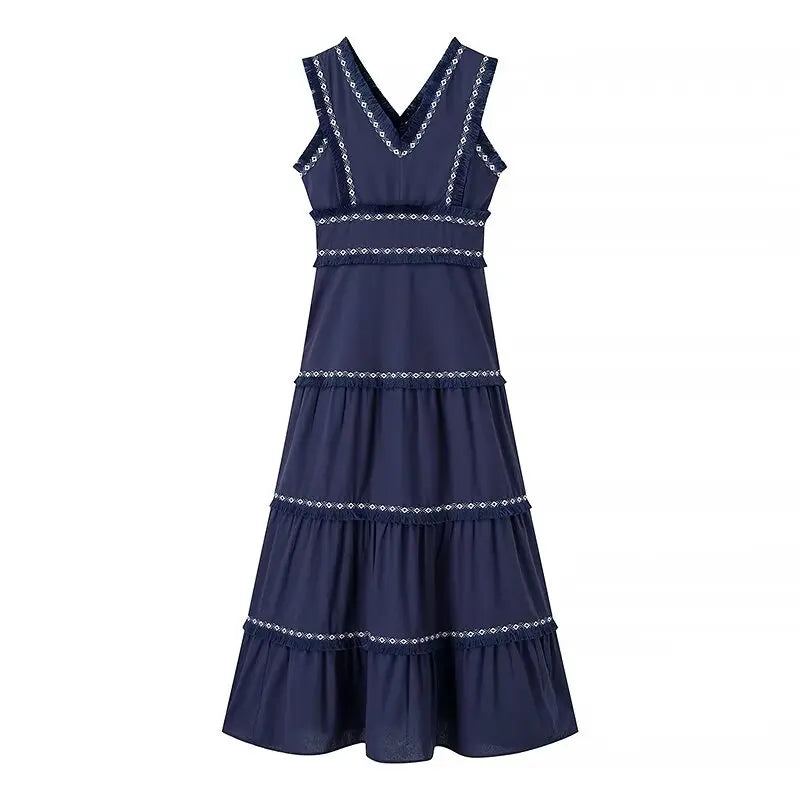 HH Summer Fashion Women Dresses V-Neck Sleeveless Back Zipper Lace Decorative Tassels Woman High Street Vestidos Dress Mujer