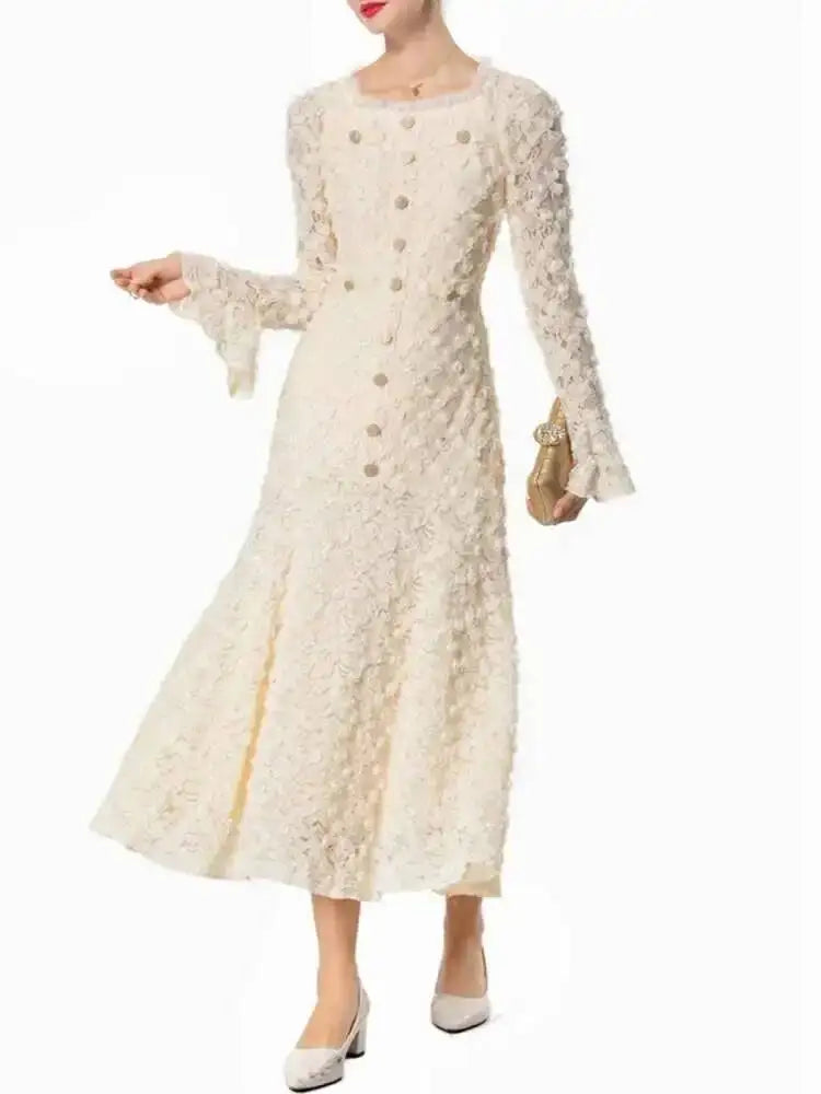QMQA Fashion Women's Elegant Dresses Three-dimensional Floral Square Collar Long Sleeved Princess Style Dress Autumn New 1A232