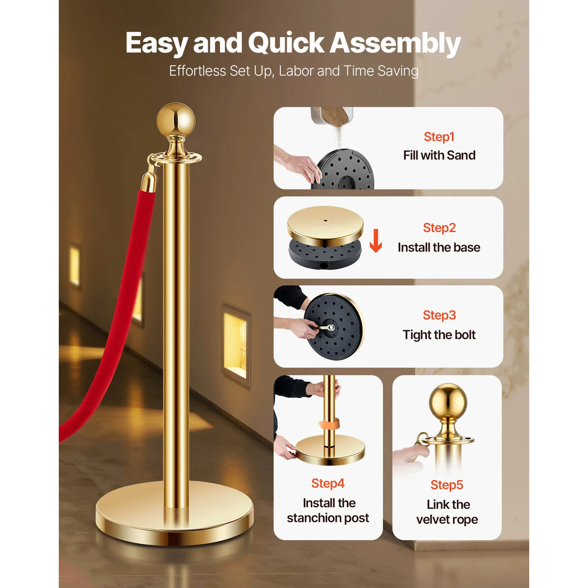SucceBuy Stanchions 4/6/8Pcs Stainless Steel Post with Fillable Base Red Velvet Ropes & Posts Crowd Control Barriers Stanchions